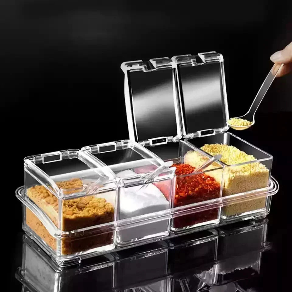 4pcs Crystal Seasoning Storage Container with Spoon and Clear Seasoning Rack
