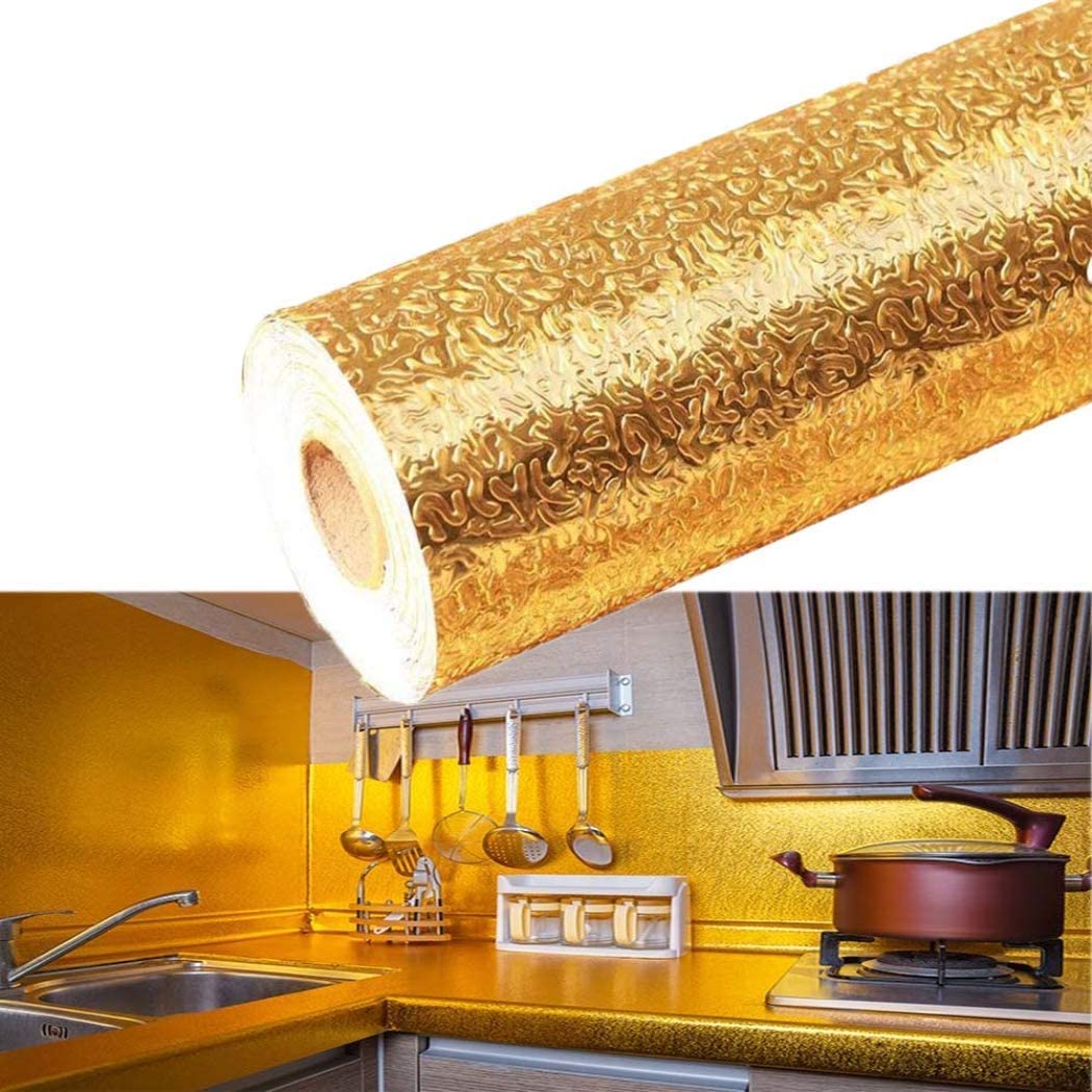 Golden Kitchen Stove, Waterproof Aluminum Foil Oil-proof Wall Sticker (60x200cm)